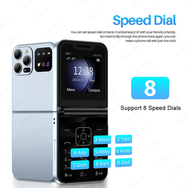 A50 Pro Flip Phone Dual SIM Card GSM Electric Torch Automatic Call Recording 2.4 Inch